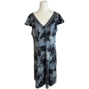 MONSOON Blue Floral Midi Silk Dress size 10 12 Y2K Vintage 90’s Work Vacation